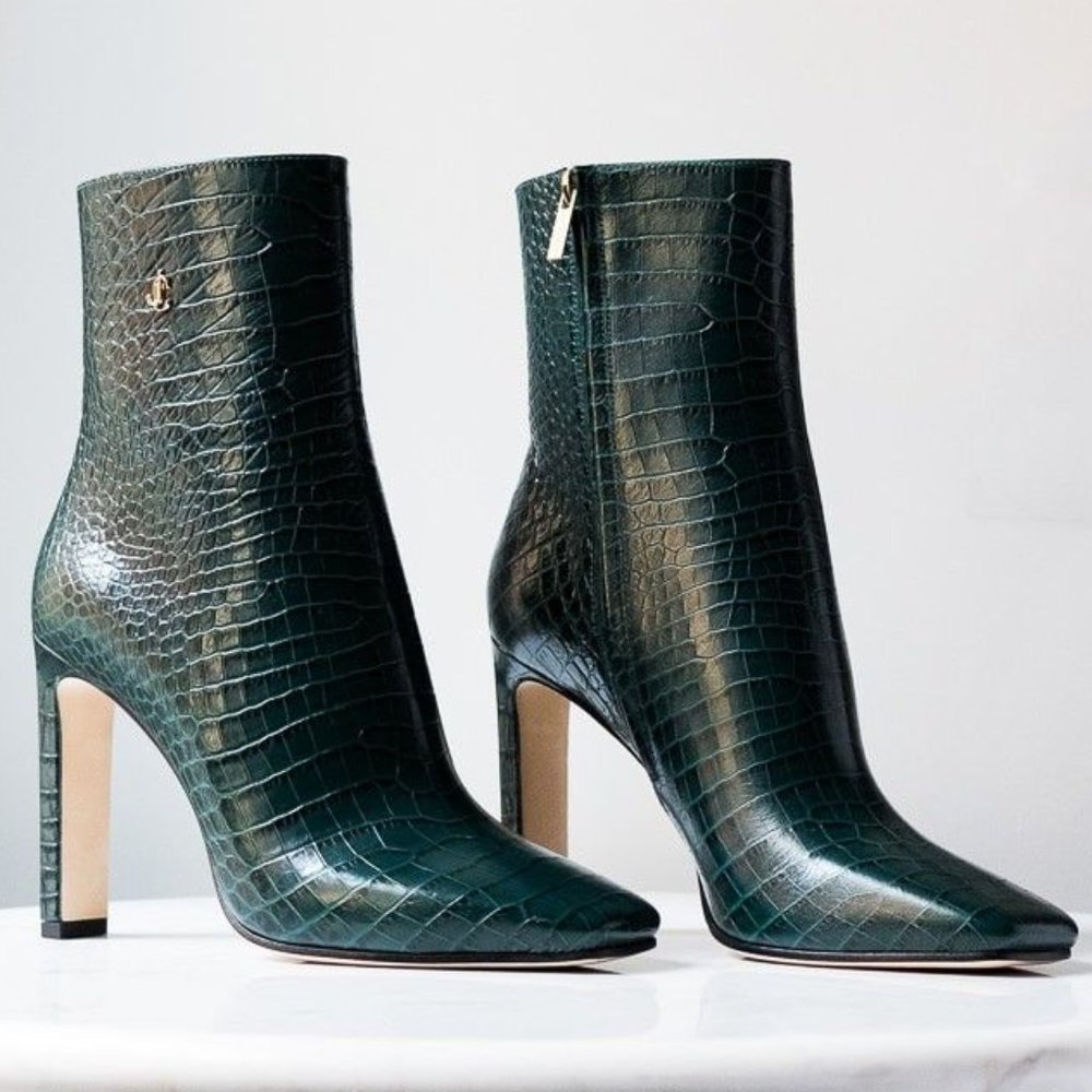 Jimmy Choo Dark Green Croc-Embossed Leather Ankle Boots